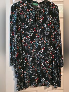 United Colors Of Benetton Black Long Sleeve Floral Dot Tiered Dress